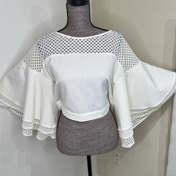 INA Blouse Womens Size Large Ivory Crochet Belted‎ Cropped Layered Bell Sleeves - Picture 5 of 7